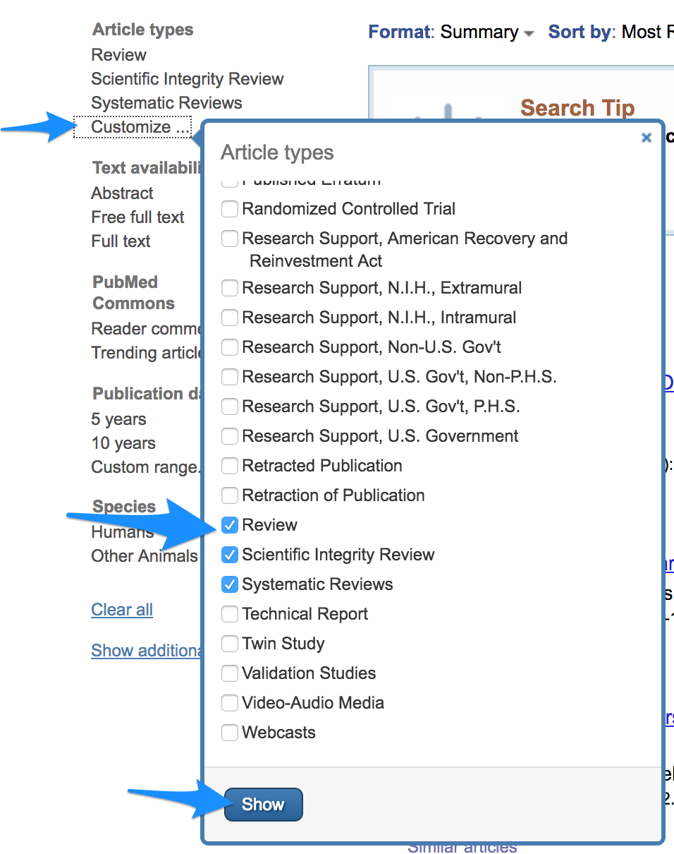 Screenshot of filtering results for review articles in PubMed.